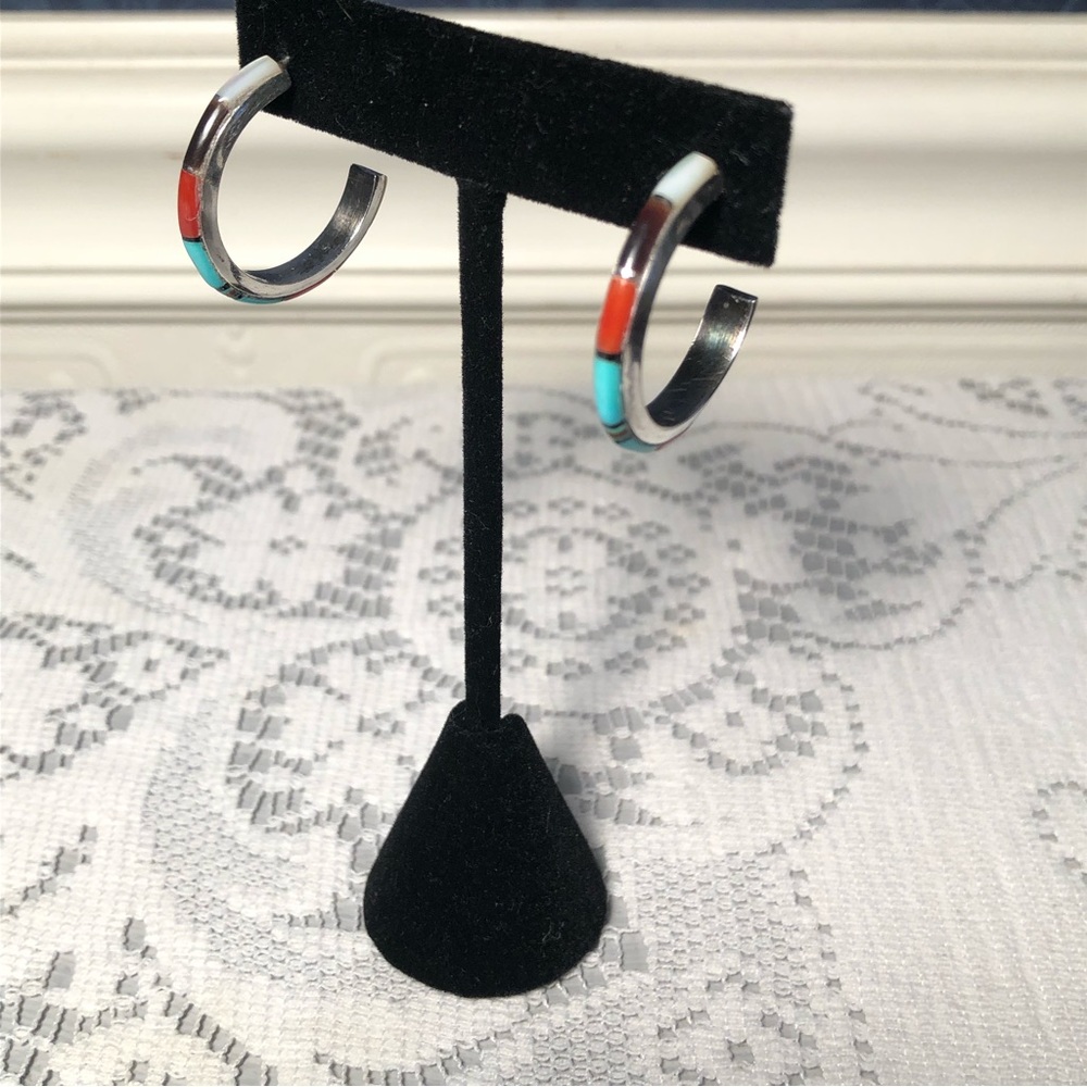 J.C. Chico Hand Crafted Native American silver turquoise coral 1” hoop earrings